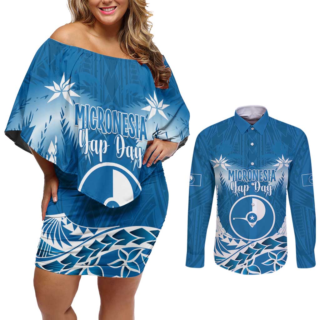 FSM Yap Day Couples Matching Off Shoulder Short Dress and Long Sleeve Button Shirt 2025 Wa'ab Micronesia Flag Color