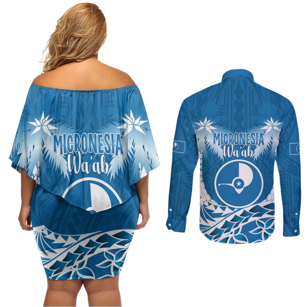 FSM Yap Day Couples Matching Off Shoulder Short Dress and Long Sleeve Button Shirt 2025 Wa'ab Micronesia Flag Color