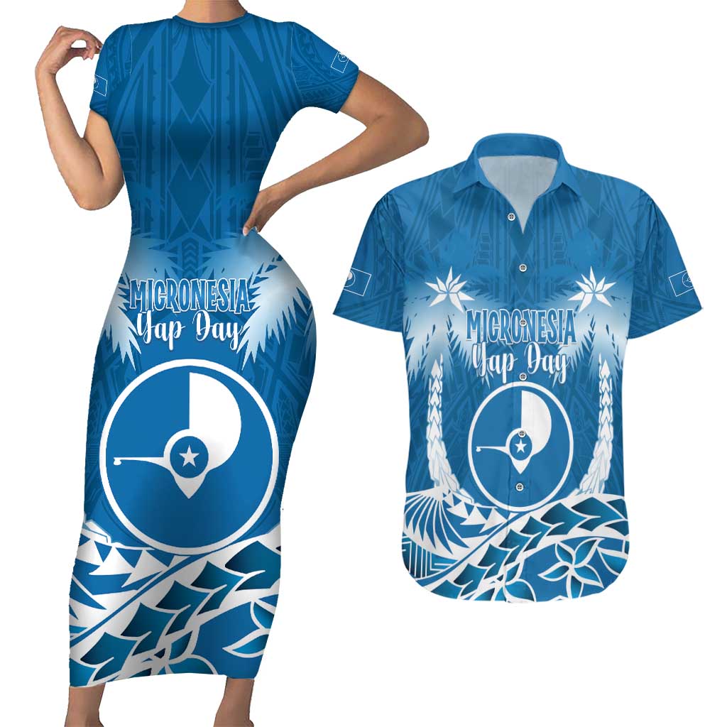 FSM Yap Day Couples Matching Short Sleeve Bodycon Dress and Hawaiian Shirt 2025 Wa'ab Micronesia Flag Color