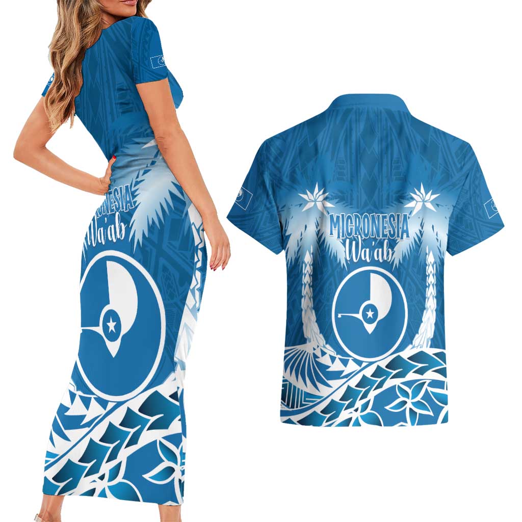FSM Yap Day Couples Matching Short Sleeve Bodycon Dress and Hawaiian Shirt 2025 Wa'ab Micronesia Flag Color