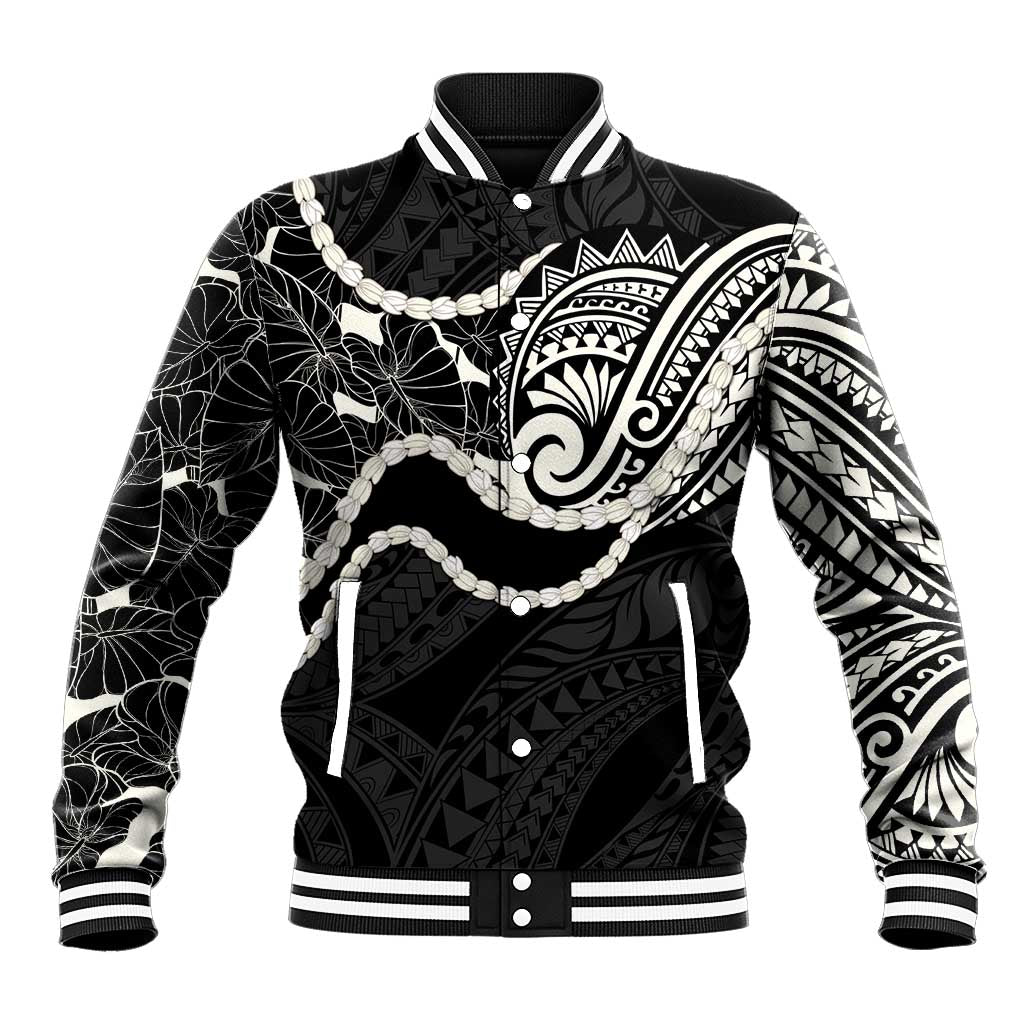 Aloha Hawaii Kalo Pikake Lei Baseball Jacket Chest Tattoo Black Hawaiian Pattern