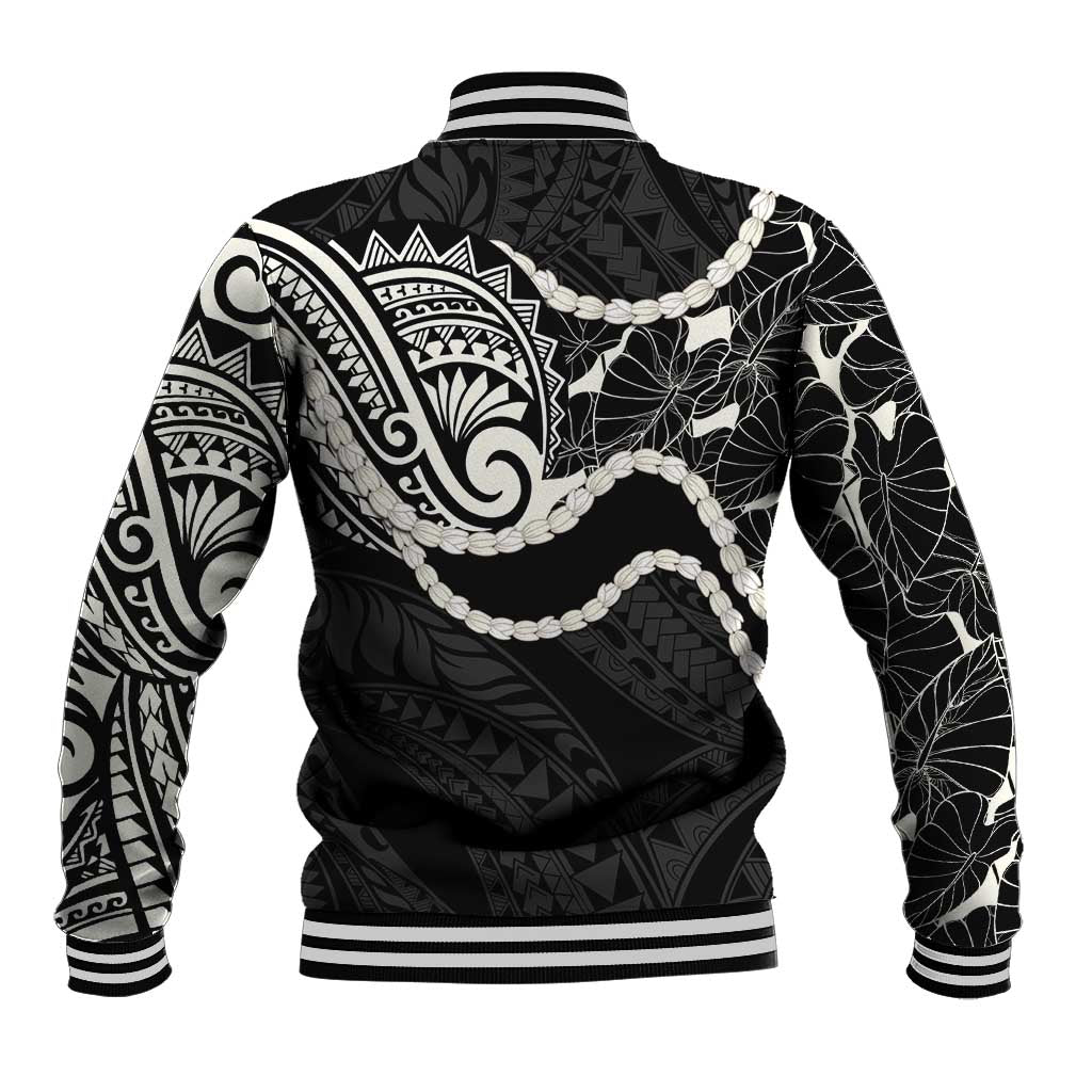 Aloha Hawaii Kalo Pikake Lei Baseball Jacket Chest Tattoo Black Hawaiian Pattern