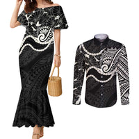 Aloha Hawaii Kalo Pikake Lei Couples Matching Mermaid Dress and Long Sleeve Button Shirt Chest Tattoo Black Hawaiian Pattern