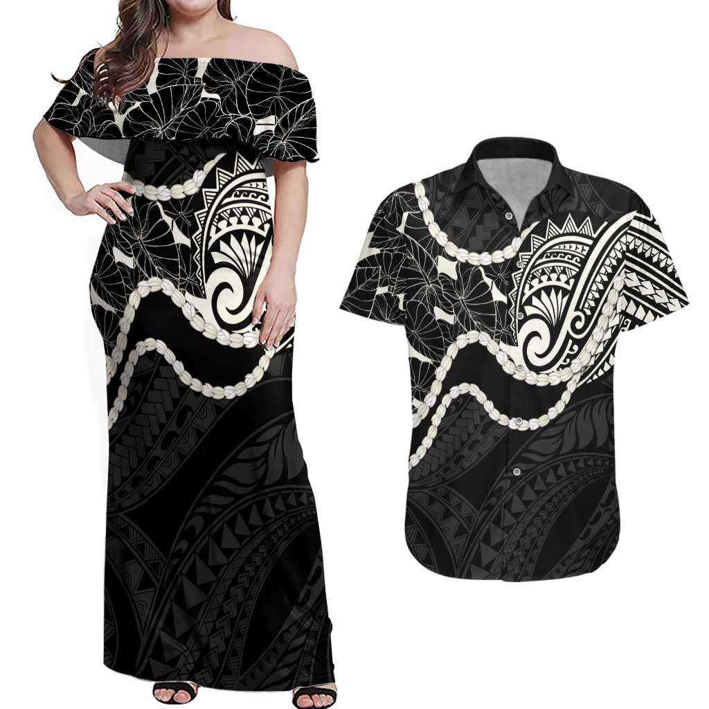 Aloha Hawaii Kalo Pikake Lei Couples Matching Off Shoulder Maxi Dress and Hawaiian Shirt Chest Tattoo Black Hawaiian Pattern LT14 Black - Polynesian Pride