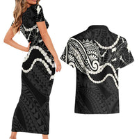 Aloha Hawaii Kalo Pikake Lei Couples Matching Short Sleeve Bodycon Dress and Hawaiian Shirt Chest Tattoo Black Hawaiian Pattern