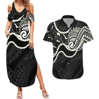 Aloha Hawaii Kalo Pikake Lei Couples Matching Summer Maxi Dress and Hawaiian Shirt Chest Tattoo Black Hawaiian Pattern