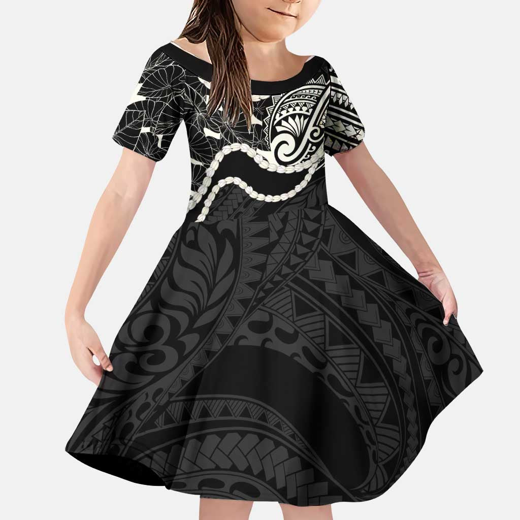 Aloha Hawaii Kalo Pikake Lei Family Matching Long Sleeve Bodycon Dress and Hawaiian Shirt Chest Tattoo Black Hawaiian Pattern