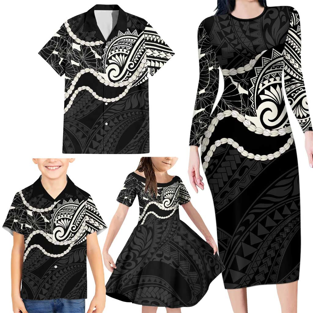 Aloha Hawaii Kalo Pikake Lei Family Matching Long Sleeve Bodycon Dress and Hawaiian Shirt Chest Tattoo Black Hawaiian Pattern