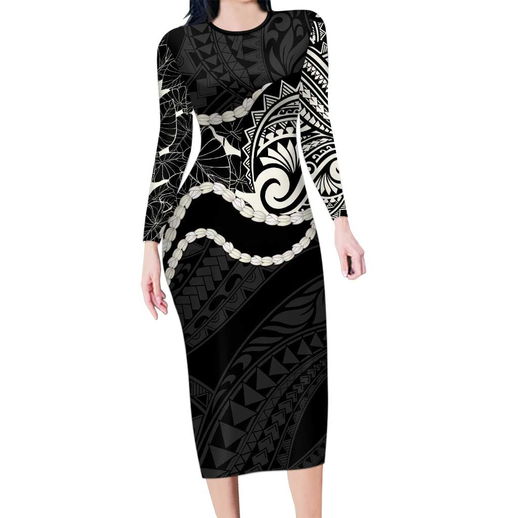 Aloha Hawaii Kalo Pikake Lei Family Matching Long Sleeve Bodycon Dress and Hawaiian Shirt Chest Tattoo Black Hawaiian Pattern