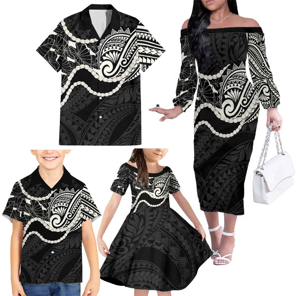 Aloha Hawaii Kalo Pikake Lei Family Matching Off The Shoulder Long Sleeve Dress and Hawaiian Shirt Chest Tattoo Black Hawaiian Pattern LT14 - Polynesian Pride