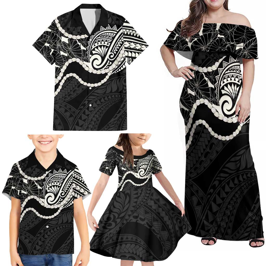 Aloha Hawaii Kalo Pikake Lei Family Matching Off Shoulder Maxi Dress and Hawaiian Shirt Chest Tattoo Black Hawaiian Pattern