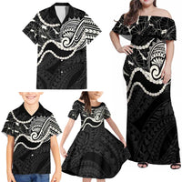 Aloha Hawaii Kalo Pikake Lei Family Matching Off Shoulder Maxi Dress and Hawaiian Shirt Chest Tattoo Black Hawaiian Pattern