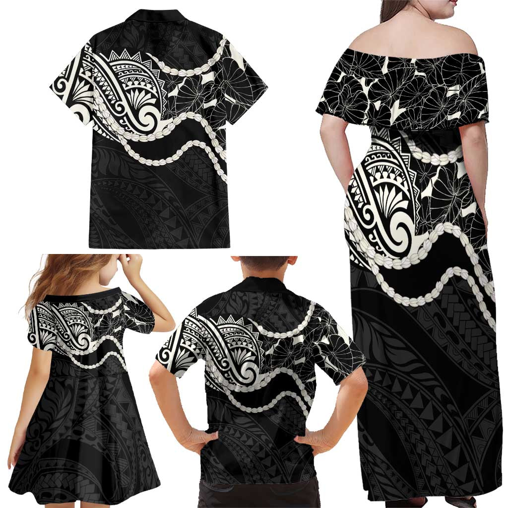 Aloha Hawaii Kalo Pikake Lei Family Matching Off Shoulder Maxi Dress and Hawaiian Shirt Chest Tattoo Black Hawaiian Pattern
