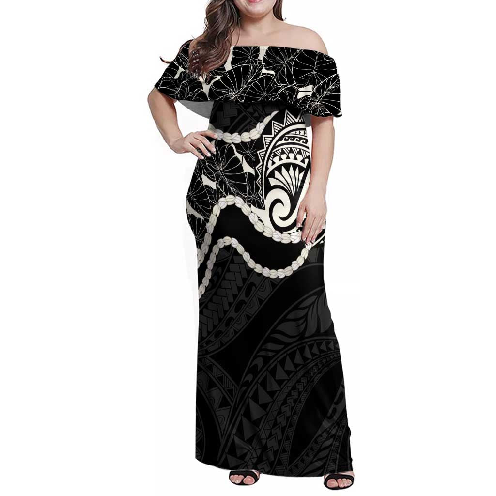 Aloha Hawaii Kalo Pikake Lei Family Matching Off Shoulder Maxi Dress and Hawaiian Shirt Chest Tattoo Black Hawaiian Pattern