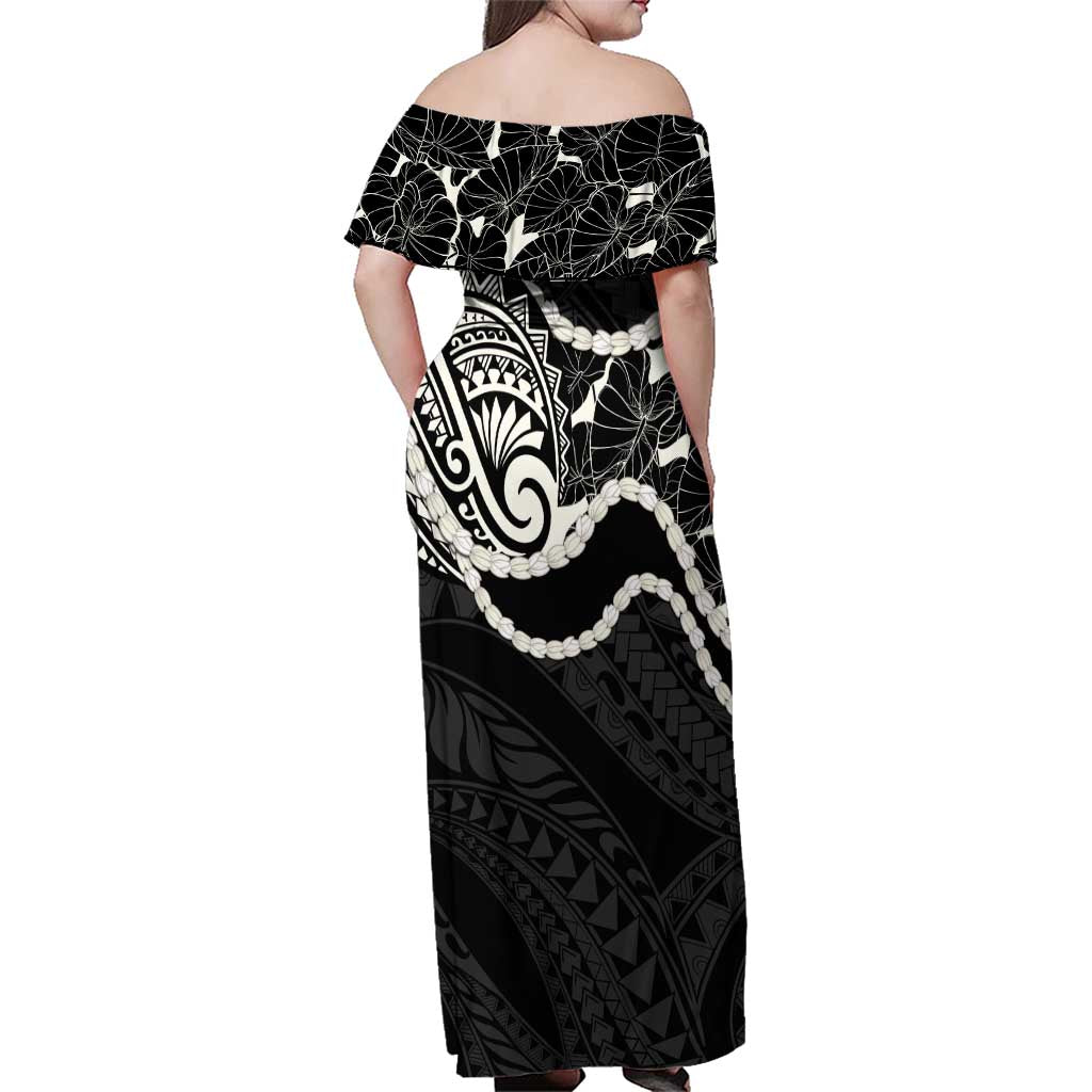Aloha Hawaii Kalo Pikake Lei Family Matching Off Shoulder Maxi Dress and Hawaiian Shirt Chest Tattoo Black Hawaiian Pattern