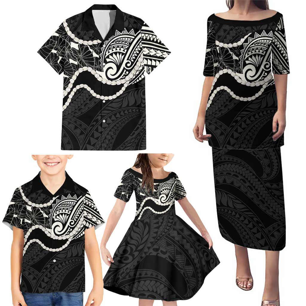 Aloha Hawaii Kalo Pikake Lei Family Matching Puletasi and Hawaiian Shirt Chest Tattoo Black Hawaiian Pattern