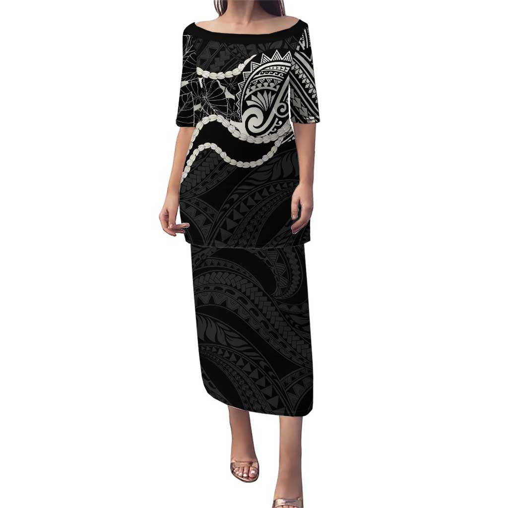 Aloha Hawaii Kalo Pikake Lei Family Matching Puletasi and Hawaiian Shirt Chest Tattoo Black Hawaiian Pattern