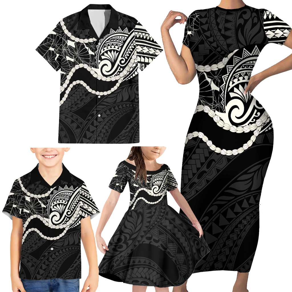 Aloha Hawaii Kalo Pikake Lei Family Matching Short Sleeve Bodycon Dress and Hawaiian Shirt Chest Tattoo Black Hawaiian Pattern