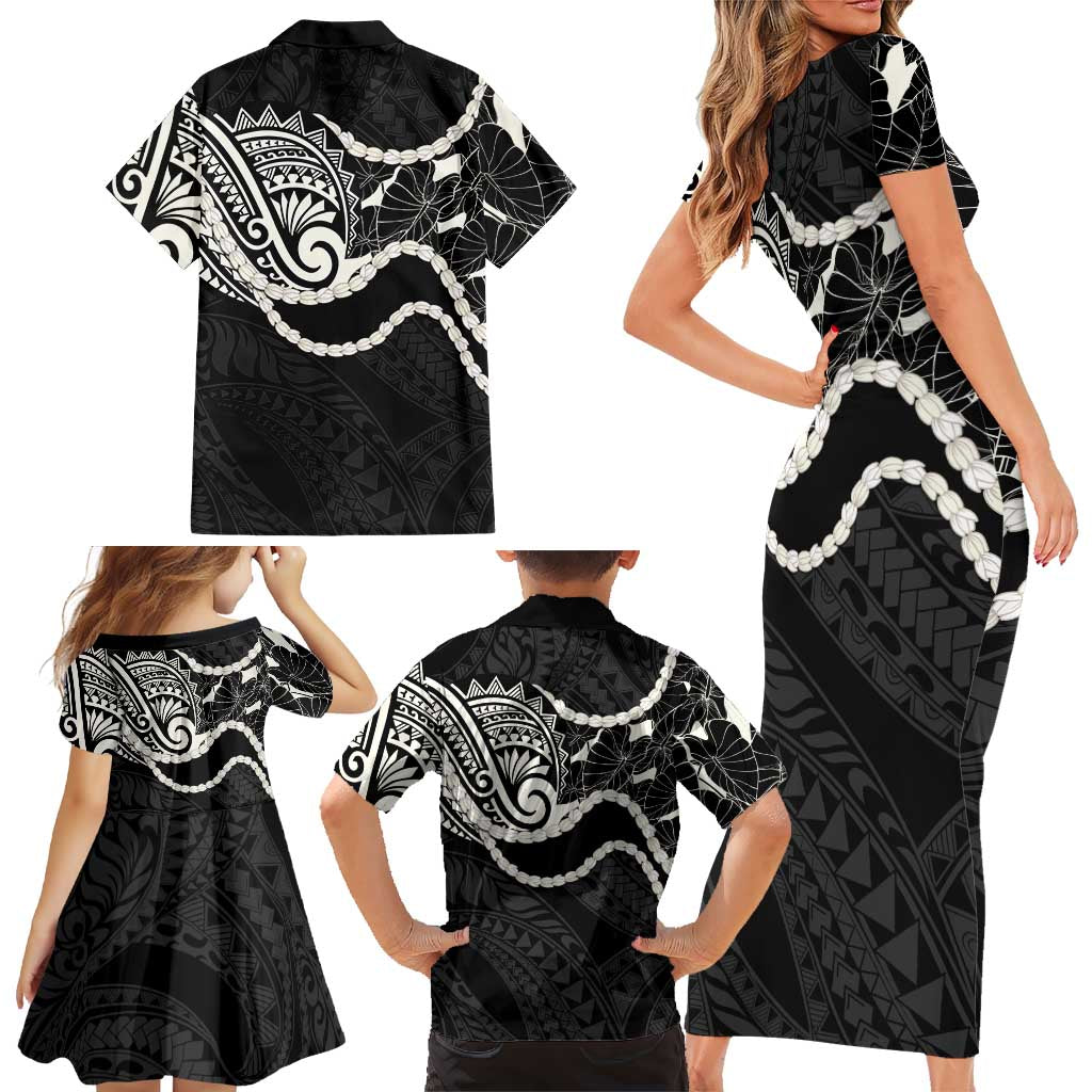 Aloha Hawaii Kalo Pikake Lei Family Matching Short Sleeve Bodycon Dress and Hawaiian Shirt Chest Tattoo Black Hawaiian Pattern