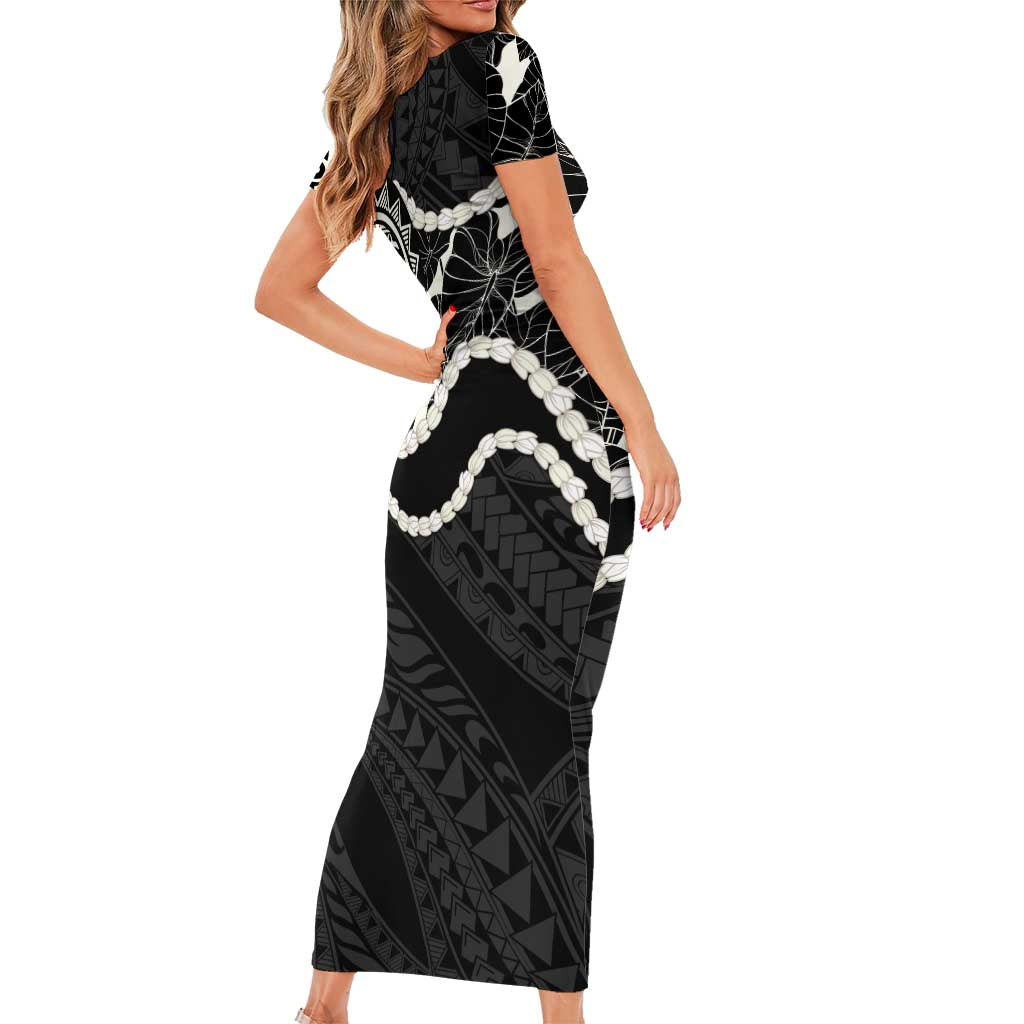 Aloha Hawaii Kalo Pikake Lei Family Matching Short Sleeve Bodycon Dress and Hawaiian Shirt Chest Tattoo Black Hawaiian Pattern