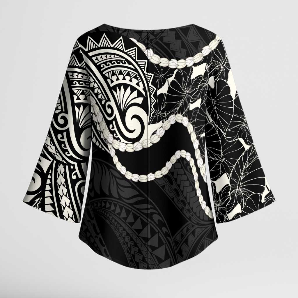 Aloha Hawaii Kalo Pikake Lei Kimono Sleeve Blouse Chest Tattoo Black Hawaiian Pattern