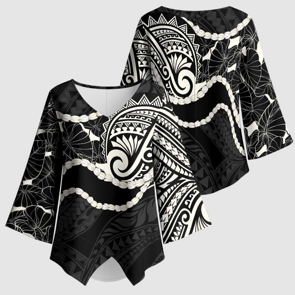 Aloha Hawaii Kalo Pikake Lei Kimono Sleeve Blouse Chest Tattoo Black Hawaiian Pattern