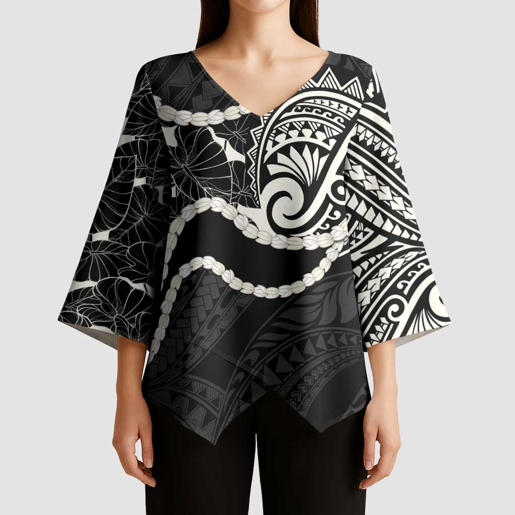 Aloha Hawaii Kalo Pikake Lei Kimono Sleeve Blouse Chest Tattoo Black Hawaiian Pattern
