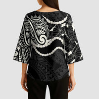 Aloha Hawaii Kalo Pikake Lei Kimono Sleeve Blouse Chest Tattoo Black Hawaiian Pattern
