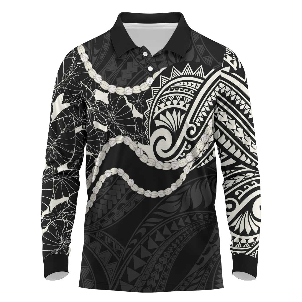 Aloha Hawaii Kalo Pikake Lei Long Sleeve Polo Shirt Chest Tattoo Black Hawaiian Pattern LT14 Black - Polynesian Pride