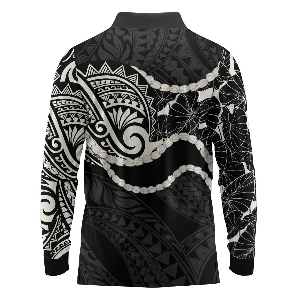 Aloha Hawaii Kalo Pikake Lei Long Sleeve Polo Shirt Chest Tattoo Black Hawaiian Pattern LT14 - Polynesian Pride