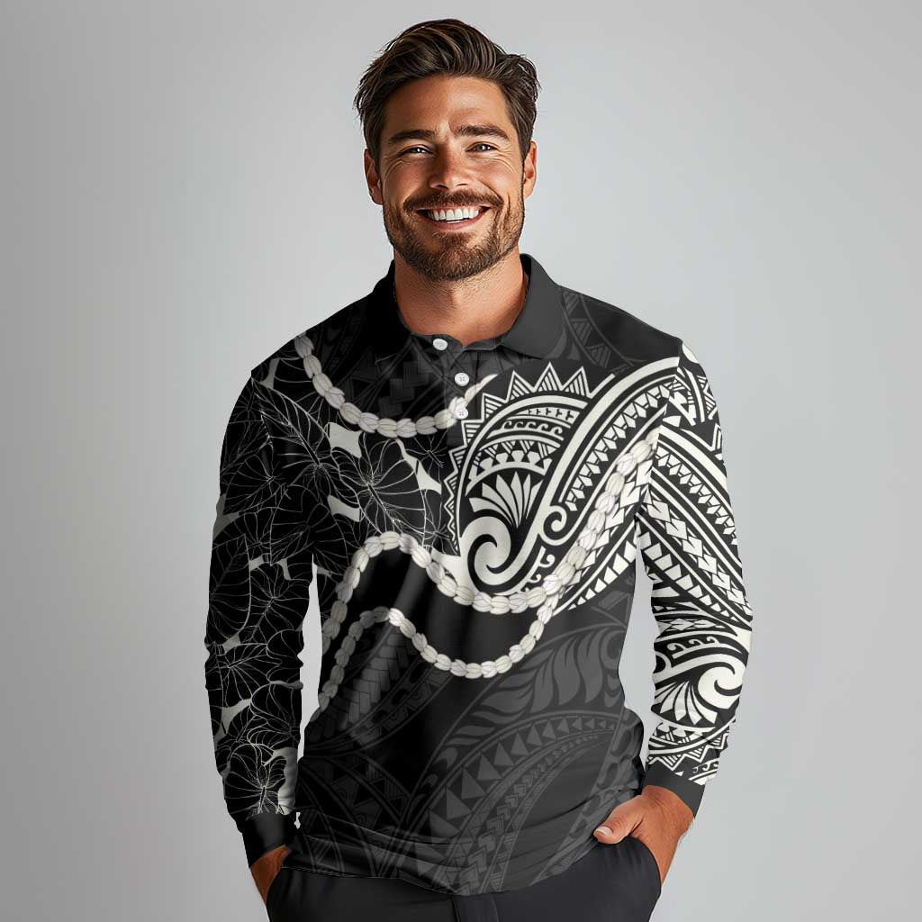 Aloha Hawaii Kalo Pikake Lei Long Sleeve Polo Shirt Chest Tattoo Black Hawaiian Pattern LT14 - Polynesian Pride