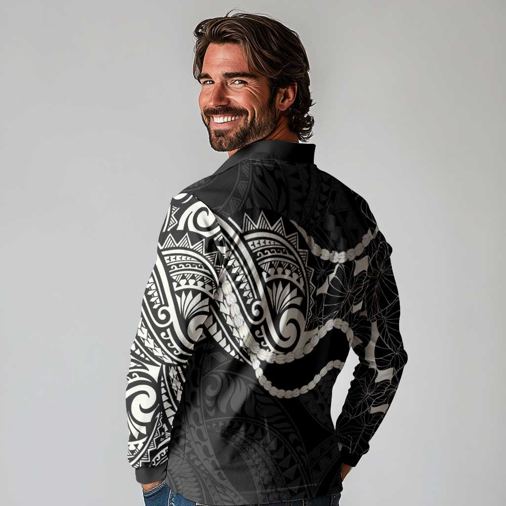Aloha Hawaii Kalo Pikake Lei Long Sleeve Polo Shirt Chest Tattoo Black Hawaiian Pattern LT14 - Polynesian Pride