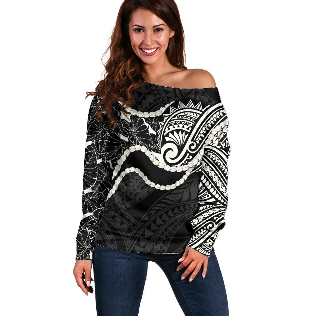 Aloha Hawaii Kalo Pikake Lei Off Shoulder Sweater Chest Tattoo Black Hawaiian Pattern