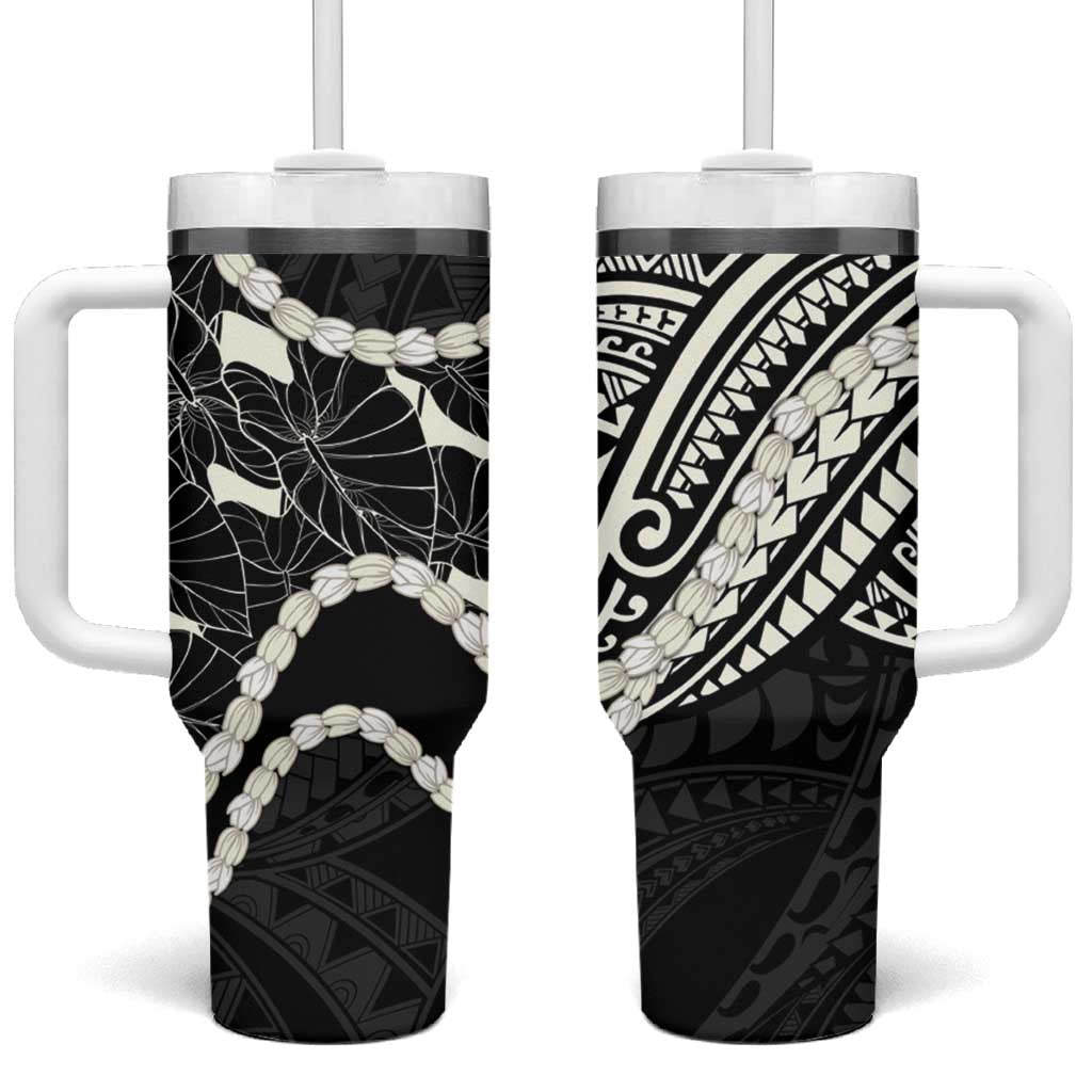 Aloha Hawaii Kalo Pikake Lei Tumbler With Handle Chest Tattoo Black Hawaiian Pattern