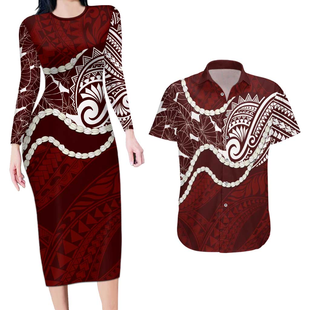 Aloha Hawaii Kalo Pikake Lei Couples Matching Long Sleeve Bodycon Dress and Hawaiian Shirt Chest Tattoo Oxblood Hawaiian Pattern