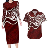 Aloha Hawaii Kalo Pikake Lei Couples Matching Long Sleeve Bodycon Dress and Hawaiian Shirt Chest Tattoo Oxblood Hawaiian Pattern