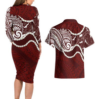 Aloha Hawaii Kalo Pikake Lei Couples Matching Long Sleeve Bodycon Dress and Hawaiian Shirt Chest Tattoo Oxblood Hawaiian Pattern