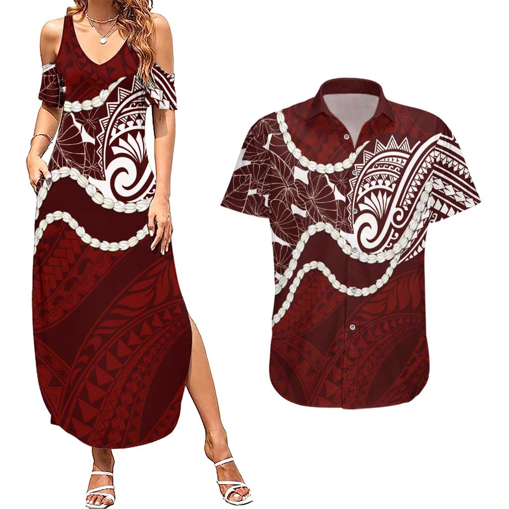Aloha Hawaii Kalo Pikake Lei Couples Matching Summer Maxi Dress and Hawaiian Shirt Chest Tattoo Oxblood Hawaiian Pattern LT14 Oxblood - Polynesian Pride