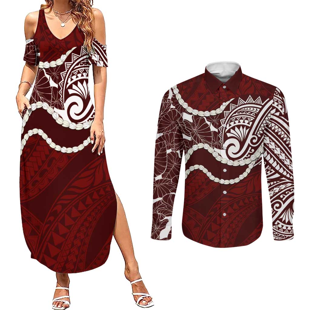 Aloha Hawaii Kalo Pikake Lei Couples Matching Summer Maxi Dress and Long Sleeve Button Shirt Chest Tattoo Oxblood Hawaiian Pattern