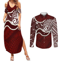 Aloha Hawaii Kalo Pikake Lei Couples Matching Summer Maxi Dress and Long Sleeve Button Shirt Chest Tattoo Oxblood Hawaiian Pattern