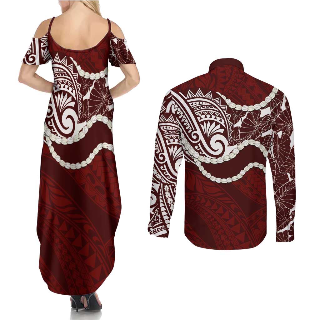 Aloha Hawaii Kalo Pikake Lei Couples Matching Summer Maxi Dress and Long Sleeve Button Shirt Chest Tattoo Oxblood Hawaiian Pattern