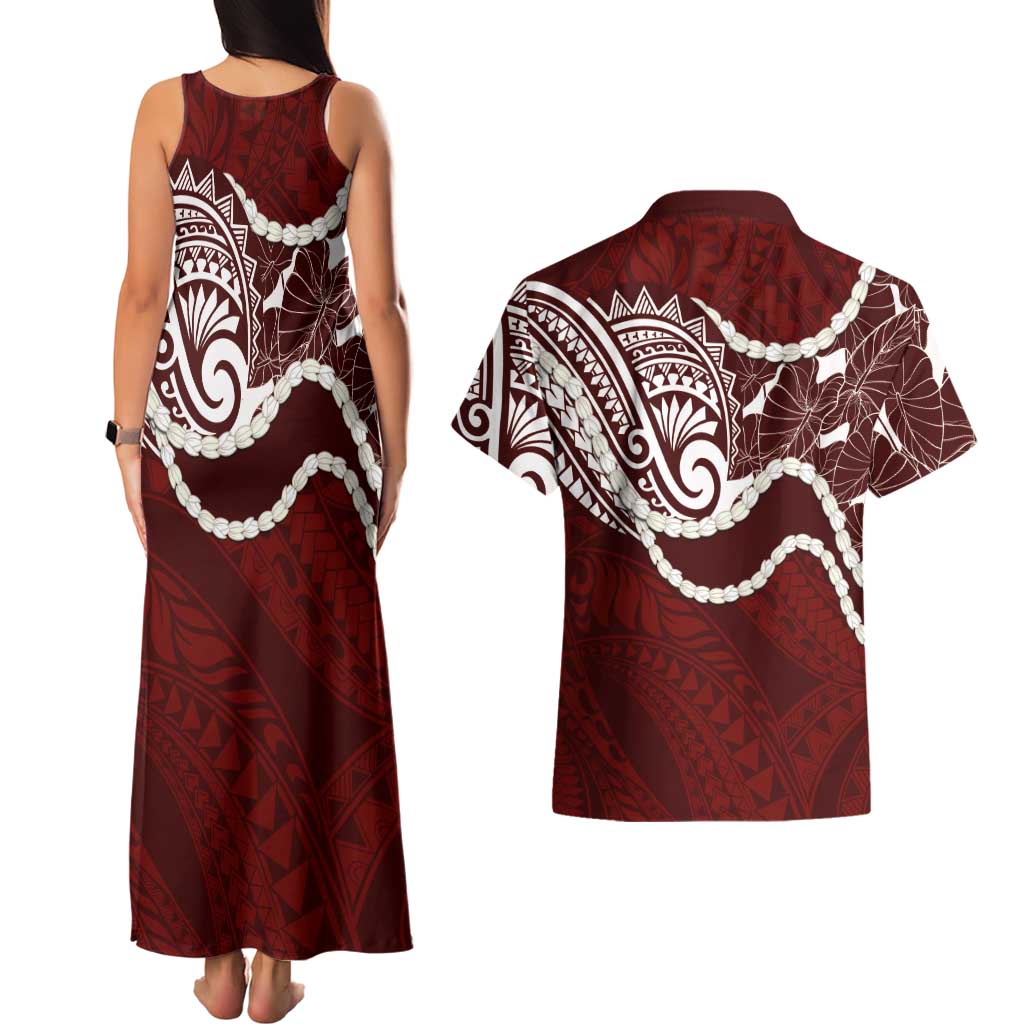 Aloha Hawaii Kalo Pikake Lei Couples Matching Tank Maxi Dress and Hawaiian Shirt Chest Tattoo Oxblood Hawaiian Pattern