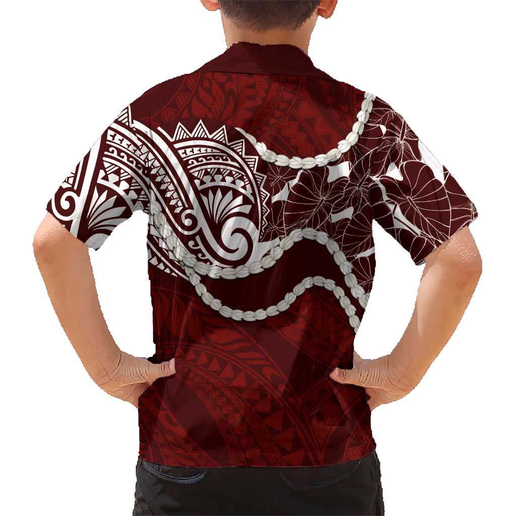 Aloha Hawaii Kalo Pikake Lei Family Matching Off The Shoulder Long Sleeve Dress and Hawaiian Shirt Chest Tattoo Oxblood Hawaiian Pattern
