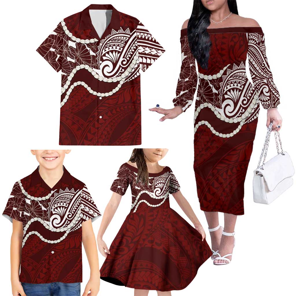 Aloha Hawaii Kalo Pikake Lei Family Matching Off The Shoulder Long Sleeve Dress and Hawaiian Shirt Chest Tattoo Oxblood Hawaiian Pattern