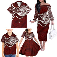 Aloha Hawaii Kalo Pikake Lei Family Matching Off The Shoulder Long Sleeve Dress and Hawaiian Shirt Chest Tattoo Oxblood Hawaiian Pattern