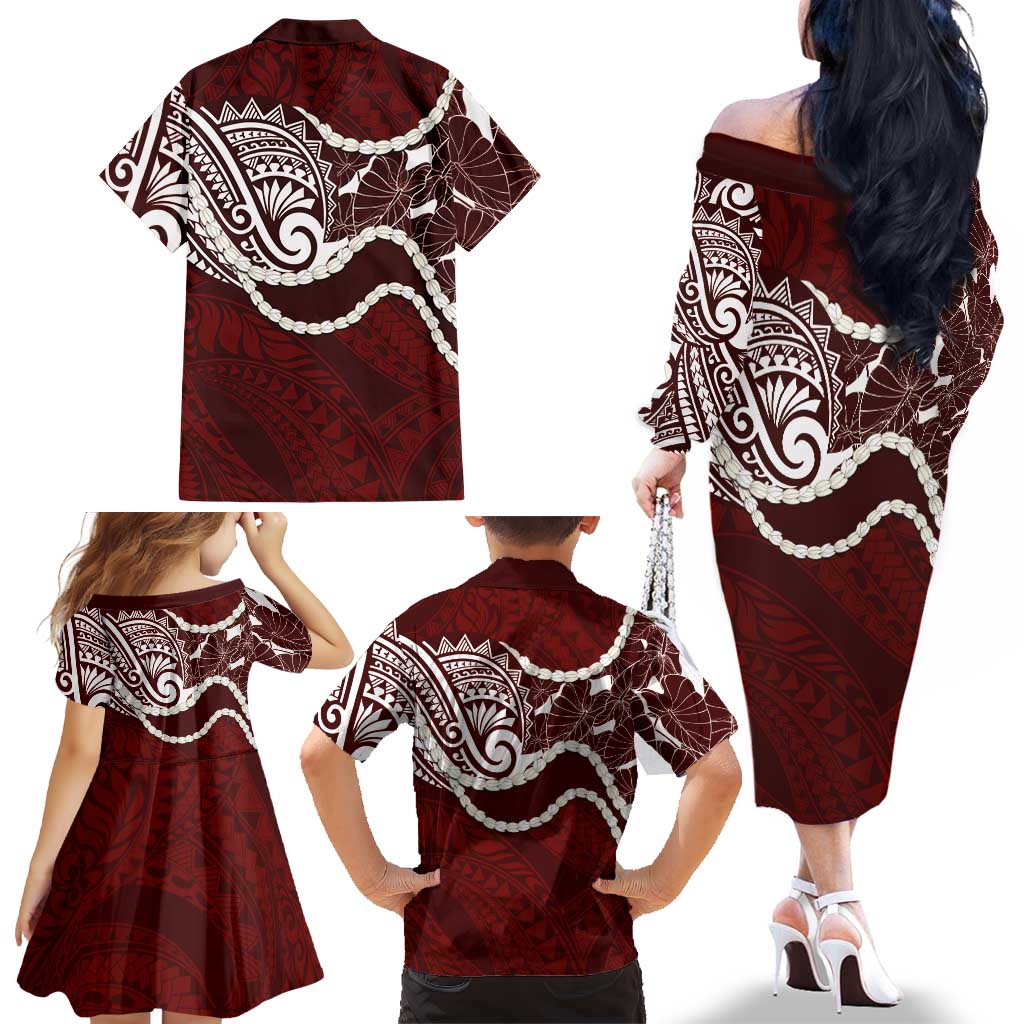 Aloha Hawaii Kalo Pikake Lei Family Matching Off The Shoulder Long Sleeve Dress and Hawaiian Shirt Chest Tattoo Oxblood Hawaiian Pattern