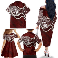 Aloha Hawaii Kalo Pikake Lei Family Matching Off The Shoulder Long Sleeve Dress and Hawaiian Shirt Chest Tattoo Oxblood Hawaiian Pattern
