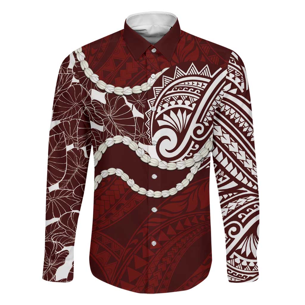 Aloha Hawaii Kalo Pikake Lei Family Matching Off The Shoulder Long Sleeve Dress and Hawaiian Shirt Chest Tattoo Oxblood Hawaiian Pattern