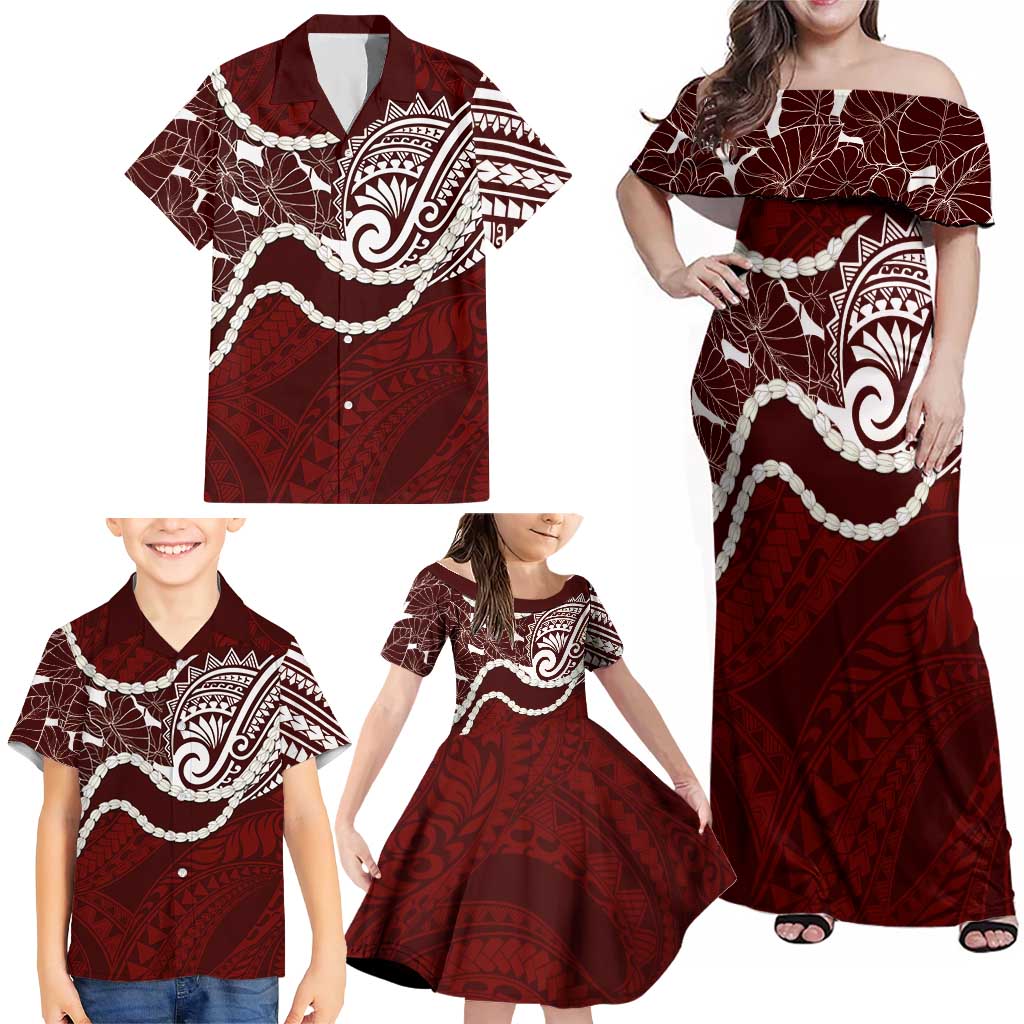 Aloha Hawaii Kalo Pikake Lei Family Matching Off Shoulder Maxi Dress and Hawaiian Shirt Chest Tattoo Oxblood Hawaiian Pattern LT14 - Polynesian Pride