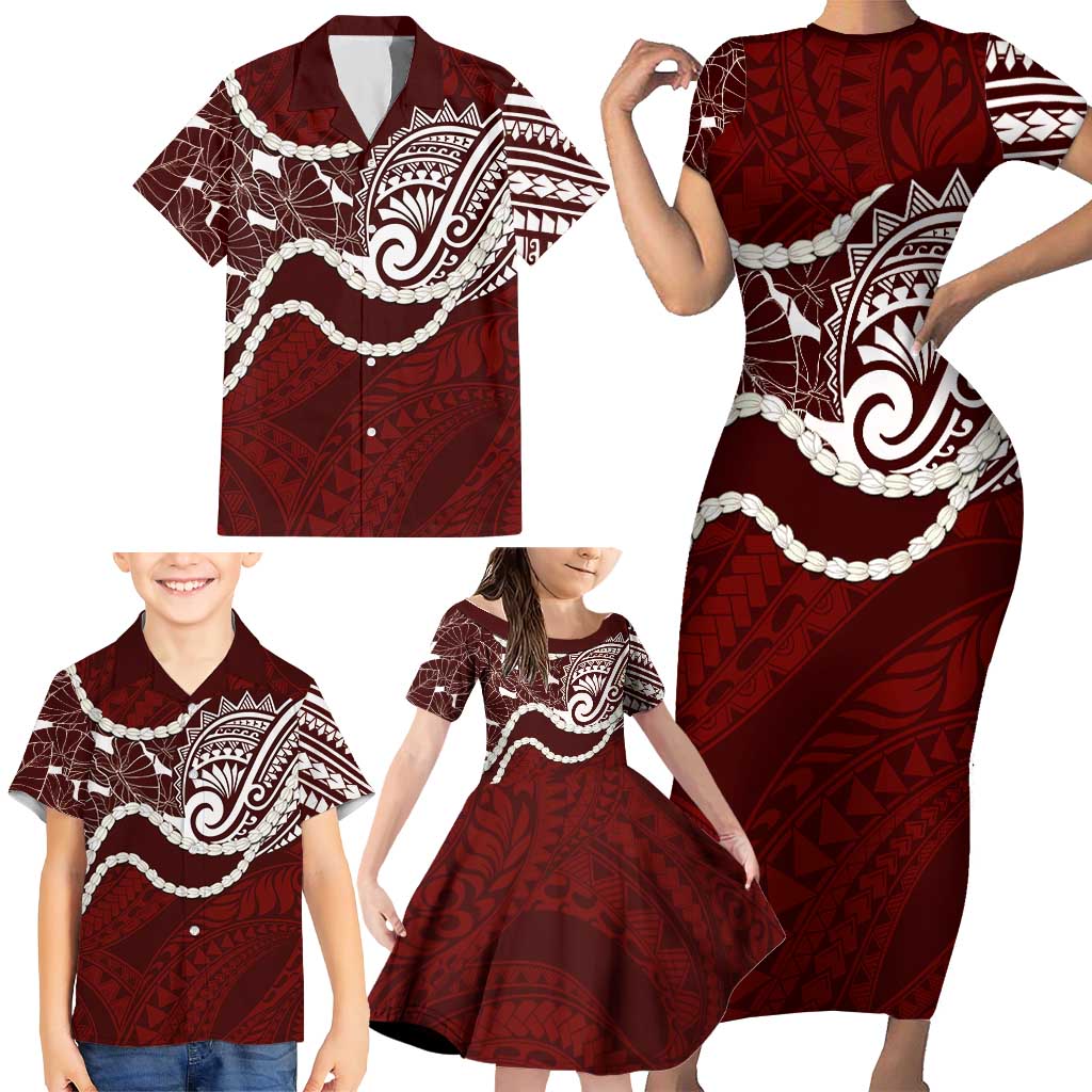 Aloha Hawaii Kalo Pikake Lei Family Matching Short Sleeve Bodycon Dress and Hawaiian Shirt Chest Tattoo Oxblood Hawaiian Pattern